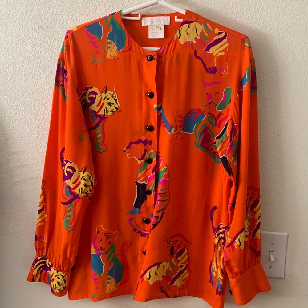 Escada By Margaretta Silk Blouse Animal Tiger Print US 6/34.